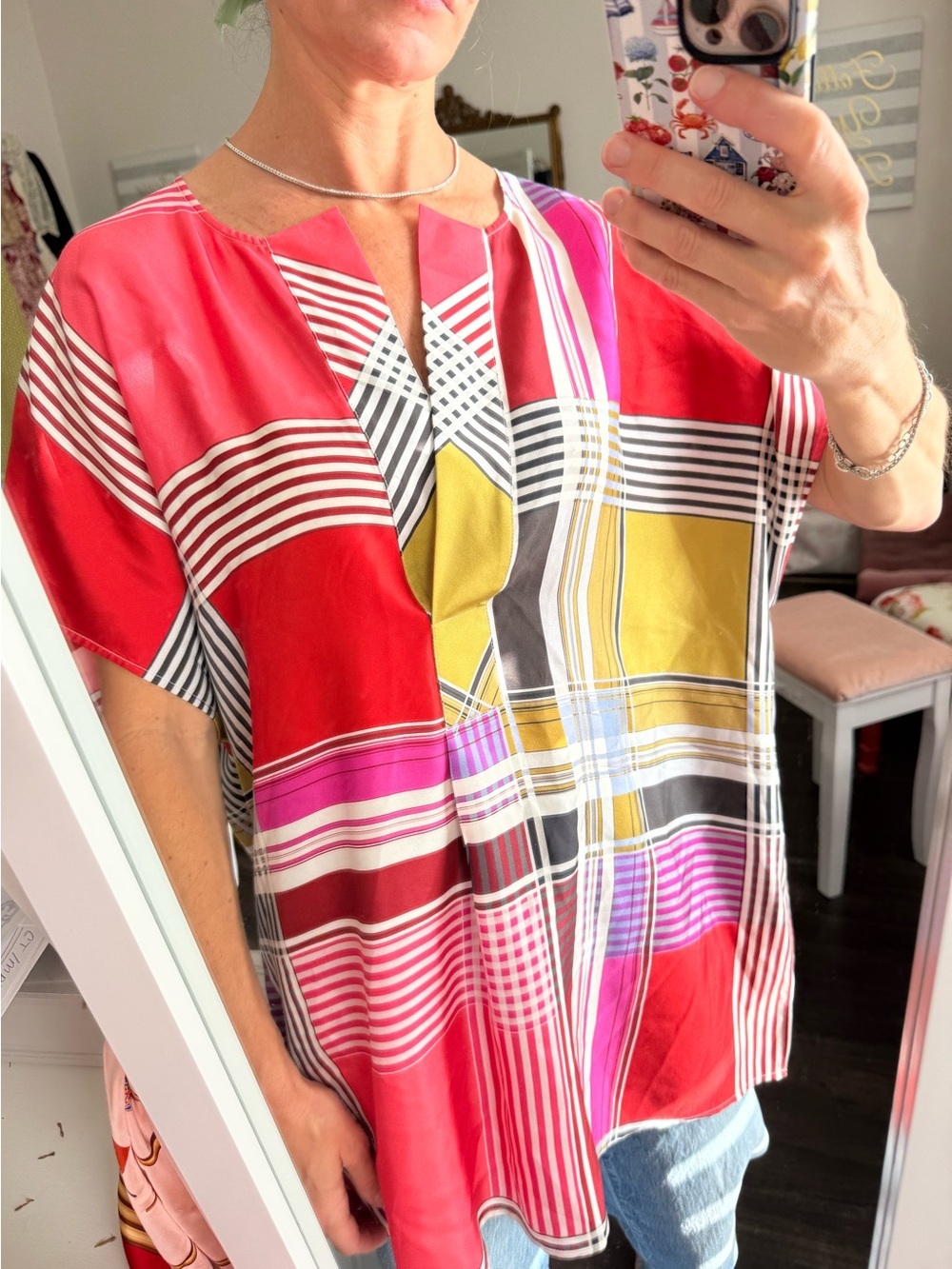 St John 100% Silk Plaid Tunic Blouse L Heritage Equestrian Quiet Luxury Fall